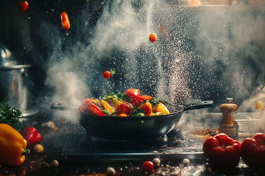 Vibrant fresh vegetables tossed in a sizzling pan, capturing the excitement of mastering culinary skills and exploring cooking as one of the inspiring hobbies to try in 2025.