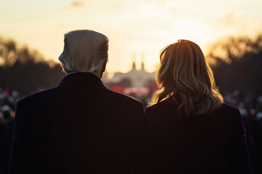 Donald and Melania Trump standing together in silhouette as they look towards the U.S. Capitol, with a beautiful sunset behind them. The scene captures a moment of reflection during Inauguration Day traditions, emphasizing the solemnity and significance of the event.