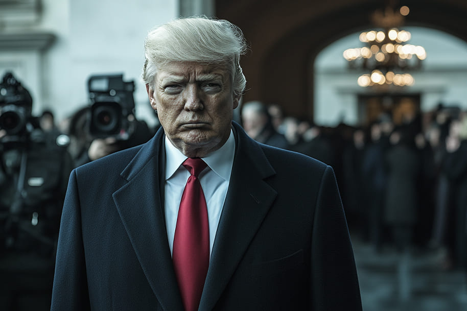 Donald Trump standing in front of cameras with a serious expression during Inauguration Day, wearing a red tie and navy coat. The image captures the intensity of the moment, symbolizing the significance of the event and the traditions surrounding the U.S. presidential inauguration.