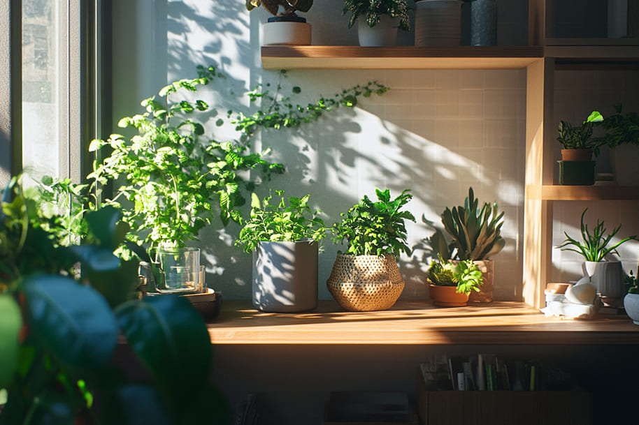 A bright and serene indoor garden corner showcasing a variety of potted plants on a wooden shelf. The sunlight streaming through a nearby window casts delicate shadows on the wall, highlighting the greenery and creating a peaceful, natural ambiance. The plants range from leafy herbs to succulents, blending perfectly with the minimalist, eco-conscious design of the space.