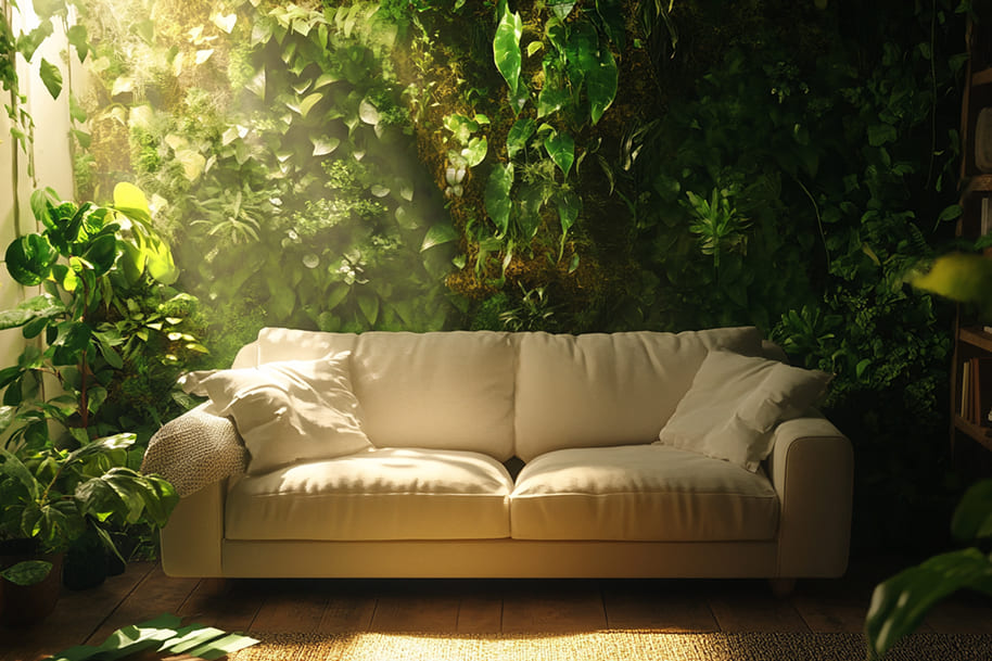 A cozy and inviting living space featuring a plush white couch bathed in natural sunlight. Surrounding the couch is a lush vertical garden of vibrant green plants, creating a serene and eco-friendly atmosphere. The earthy tones and greenery make it a perfect representation of sustainable and nature-inspired interior design.