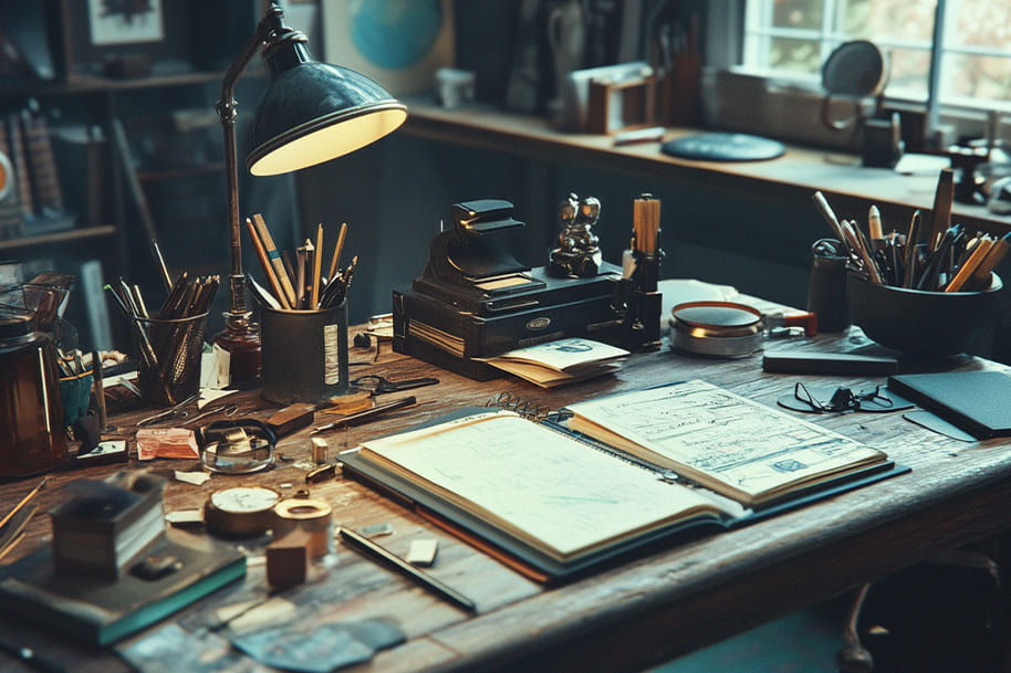 Cluttered yet creative home office workspace with vintage tools, pens, notebooks, and papers spread across a wooden desk. The warm lighting and artistic setup evoke a cozy, productive environment for brainstorming or creative thinking.