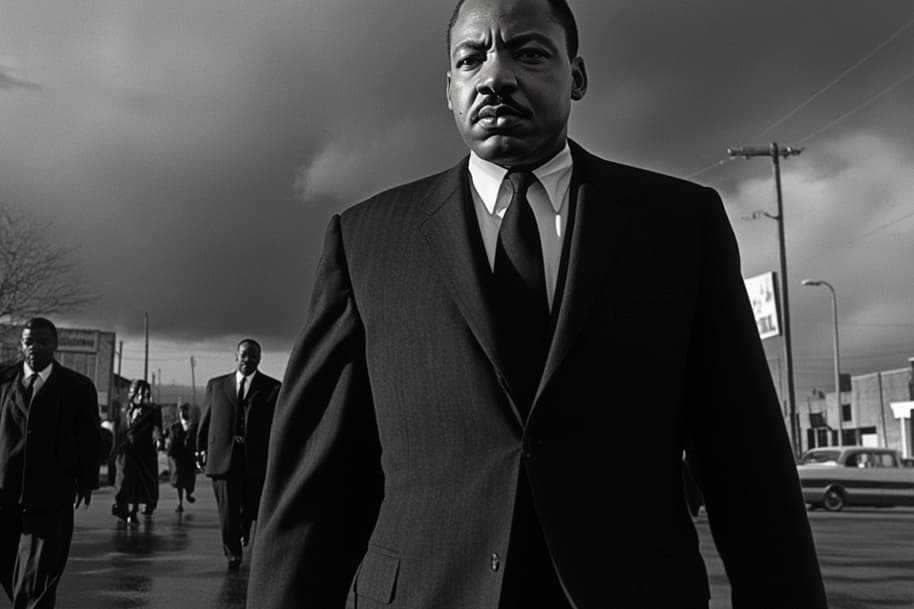 Iconic black-and-white photo of Martin Luther King Jr. leading a march under dramatic skies, symbolizing courage, determination, and the pursuit of equality. Ideal for a blog post on Eternal Slots reflecting on leadership, perseverance, and historic movements for change.