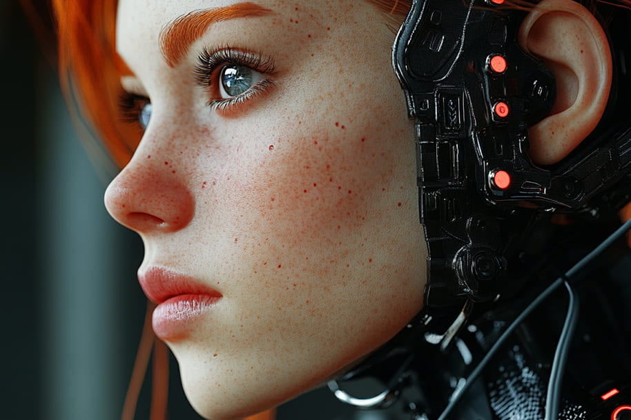 Close-up of a futuristic woman with cybernetic enhancements on her neck and glowing red lights, creating a blend of human and machine. This sci-fi inspired image emphasizes technological advancements and could be ideal for blog content related to artificial intelligence or the future of robotics.