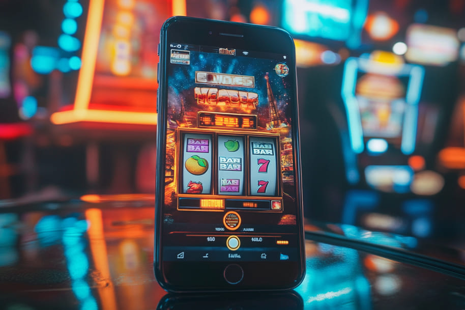 Mobile phone displaying an online slot machine game with vibrant casino-themed graphics, highlighting the convenience of online gambling platforms for slot enthusiasts.