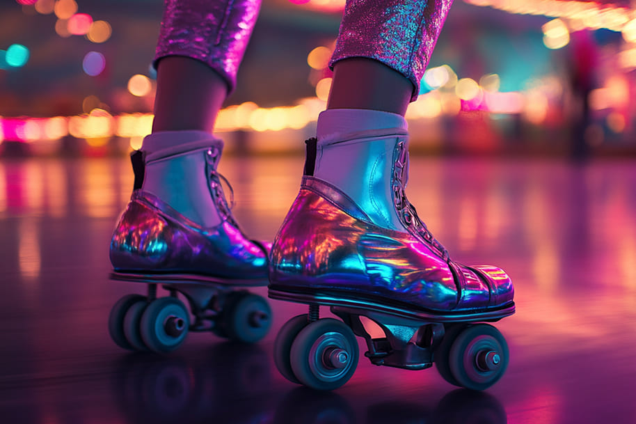 Close-up of sparkling roller skates at a vibrant roller disco, representing fun and unique hobbies to try in 2025, with a nostalgic yet modern twist.