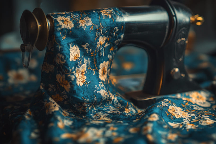 Vintage sewing machine with intricate floral fabric, representing creativity and craftsmanship, a perfect image for hobbies to try in 2025 that embrace traditional skills and artistic expression.