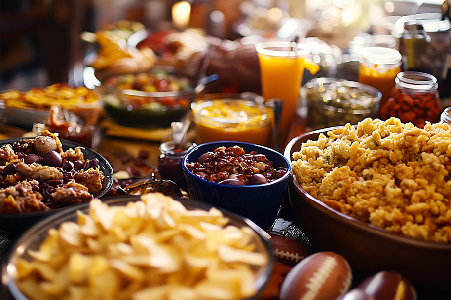An array of snacks, including chips, popcorn, chili, and drinks, spread across a table, perfect for a Super Bowl LIX party. The vibrant spread of delicious treats and football-themed décor creates the ultimate game day celebration.