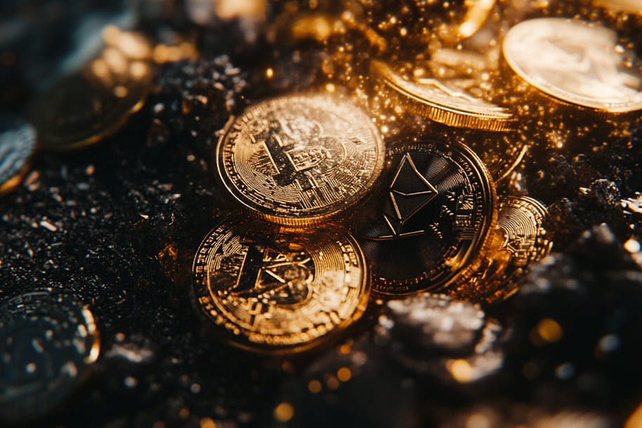 Golden cryptocurrency coins, including Bitcoin and Ethereum, scattered on a textured surface with glowing accents, representing digital currency, blockchain technology, and the growing role of stablecoins in online gambling.