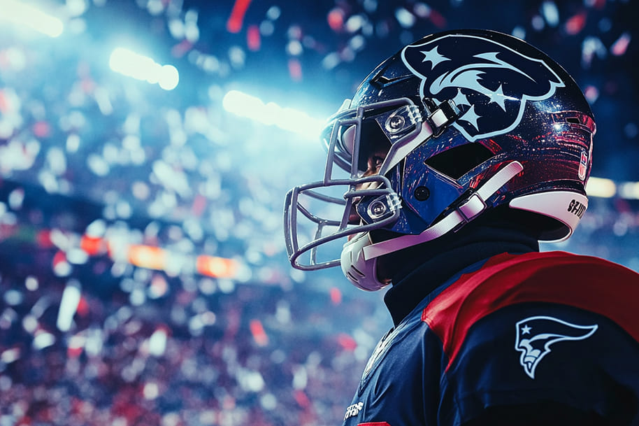 New England Patriots player in full uniform, wearing a gleaming helmet, standing under a shower of confetti during Super Bowl LIX. The festive atmosphere and anticipation capture the excitement of the event, reflecting the history and tradition of America's biggest sporting spectacle.