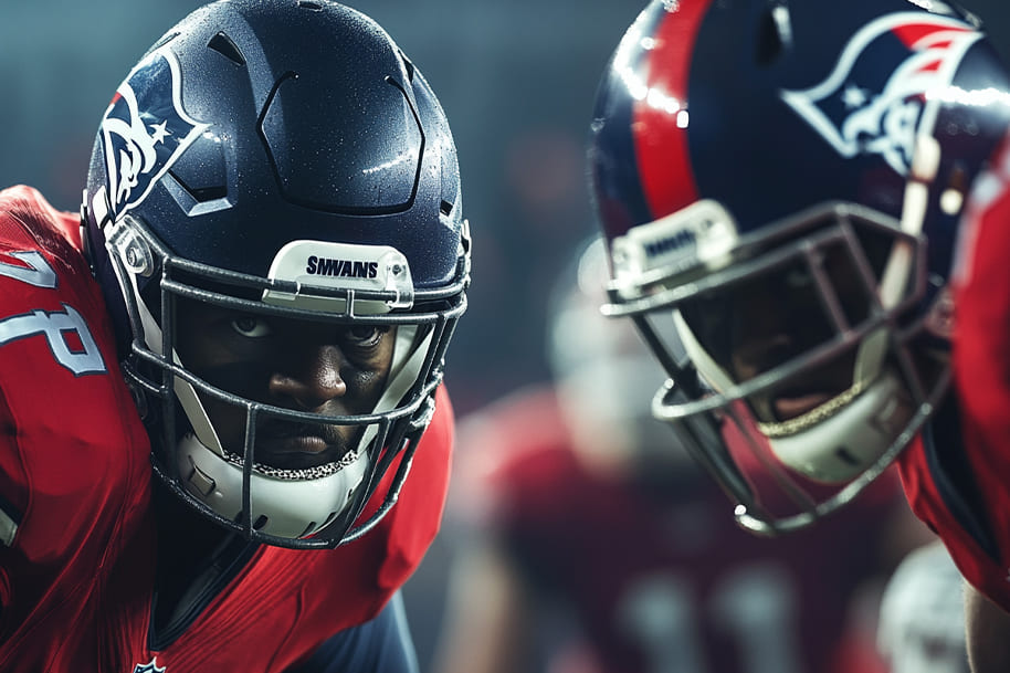 Close-up of two football players in action, both wearing helmets with the New England Patriots logo, showcasing their intensity on the field. This powerful image represents the fierce competition and determination of teams during Super Bowl LIX, highlighting the tradition and excitement of America's biggest sporting event.