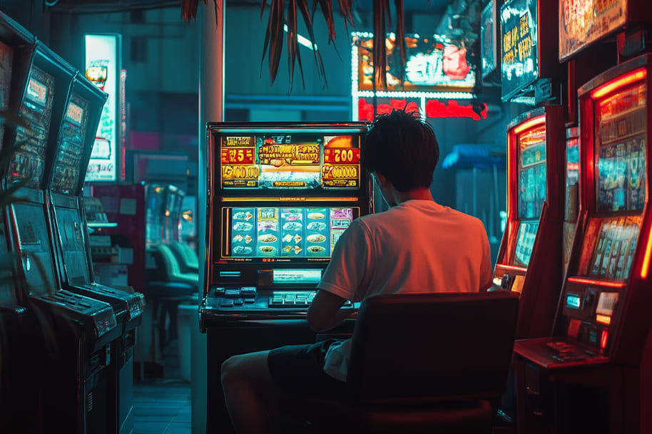This evocative image captures the ambiance of a player deeply immersed in a slot machine game, set in a neon-lit casino environment. Let me know how you'd like to use this in your project or if you need edits!