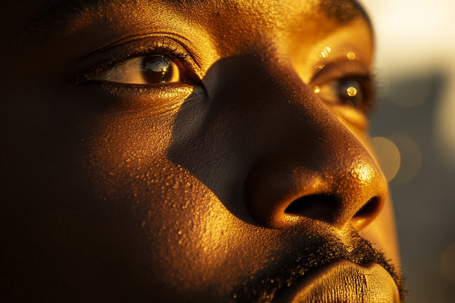 Close-up of Martin Luther King Jr.'s face illuminated by warm sunlight, symbolizing vision, hope, and determination. Perfect for a blog post on Eternal Slots focusing on inspiration and perseverance in achieving monumental goals.