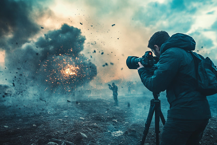 Photographer capturing an intense action scene with an explosion in the background, possibly from an upcoming blockbuster film. The dramatic composition highlights the thrill and spectacle often associated with high-budget action movies.
