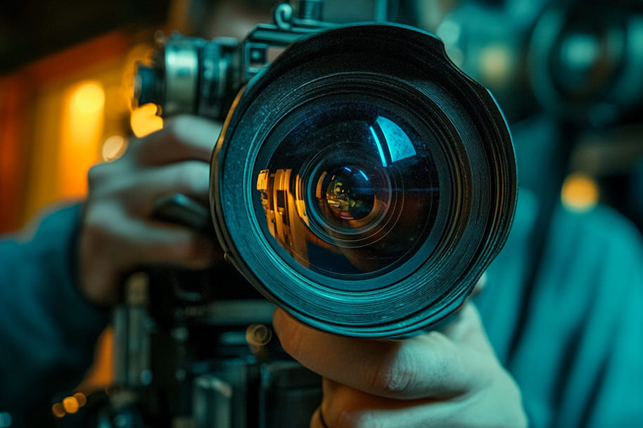 Close-up shot of a camera lens with vibrant reflections, as a photographer prepares to capture an image. This striking perspective emphasizes the importance of photography in capturing moments, making it ideal for blog posts about creative photography or cinematic visuals.
