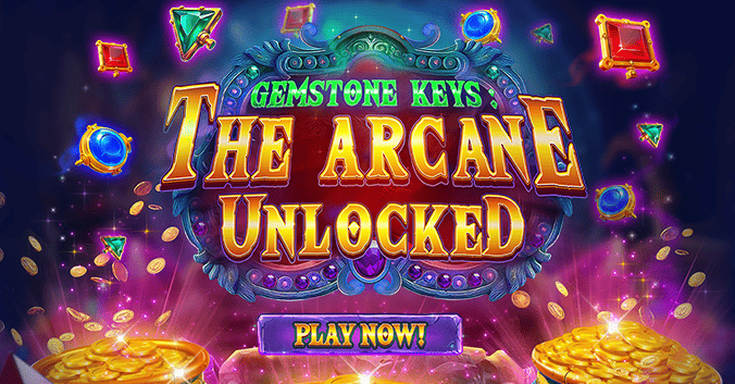 Promotional banner for 'Gemstone Keys: The Arcane Unlocked' slot game, featuring dazzling gemstones, magical symbols, and piles of gold coins. Play now at Eternal Slots for an enchanting casino experience with big wins and bonus rewards.