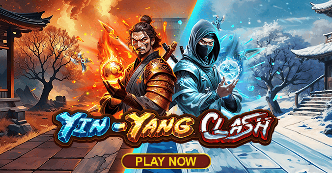 Yin-Yang Clash online slot game promotional banner featuring a fierce warrior wielding fire and a stealthy ninja harnessing ice. The dynamic contrast between fiery and icy landscapes symbolizes the battle of opposing forces. Play now for an action-packed gaming experience with epic rewards. Ideal for casino gaming and slot enthusiasts.