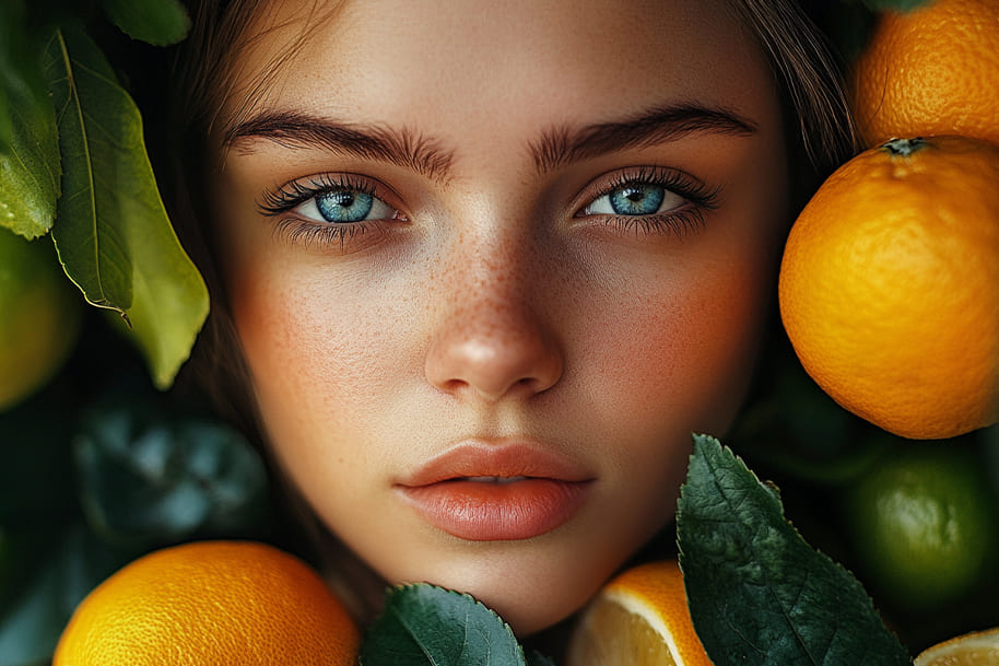 Close-up of a woman surrounded by fresh citrus fruits, symbolizing the connection between a balanced diet, natural nutrition, and overall wellness.