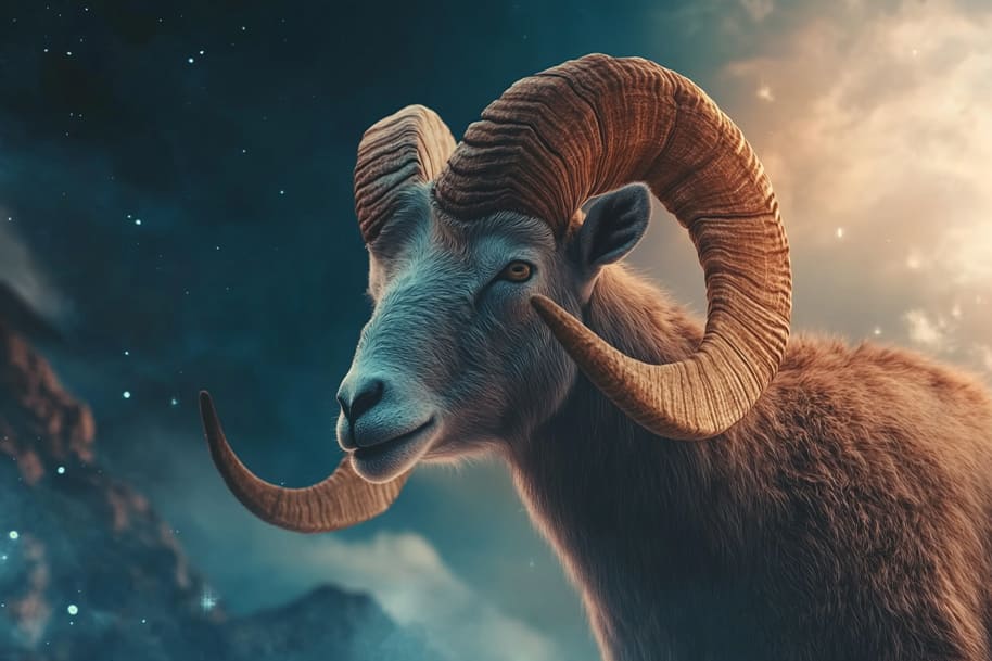 Majestic ram with large curved horns standing against a cosmic sky, symbolizing strength, determination, and the Aries zodiac sign. The celestial background enhances the mystical and astrological theme.