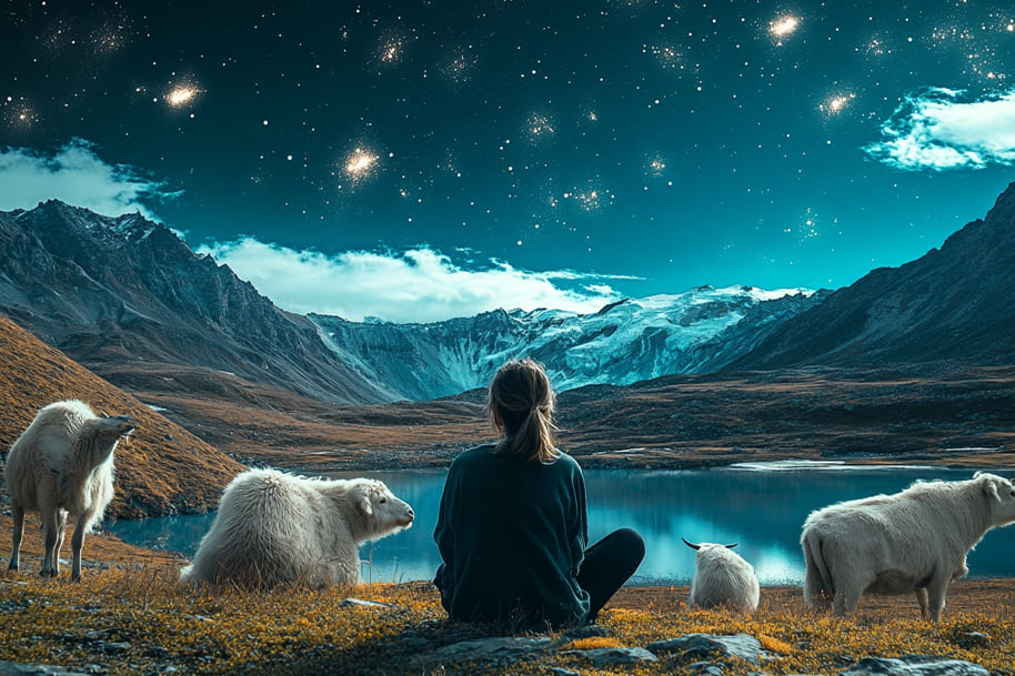 A traveler sitting among fluffy mountain goats under a starry night sky, gazing at a tranquil alpine lake with snow-capped peaks in the background. The magical scenery blends adventure and serenity, evoking a deep connection with nature.