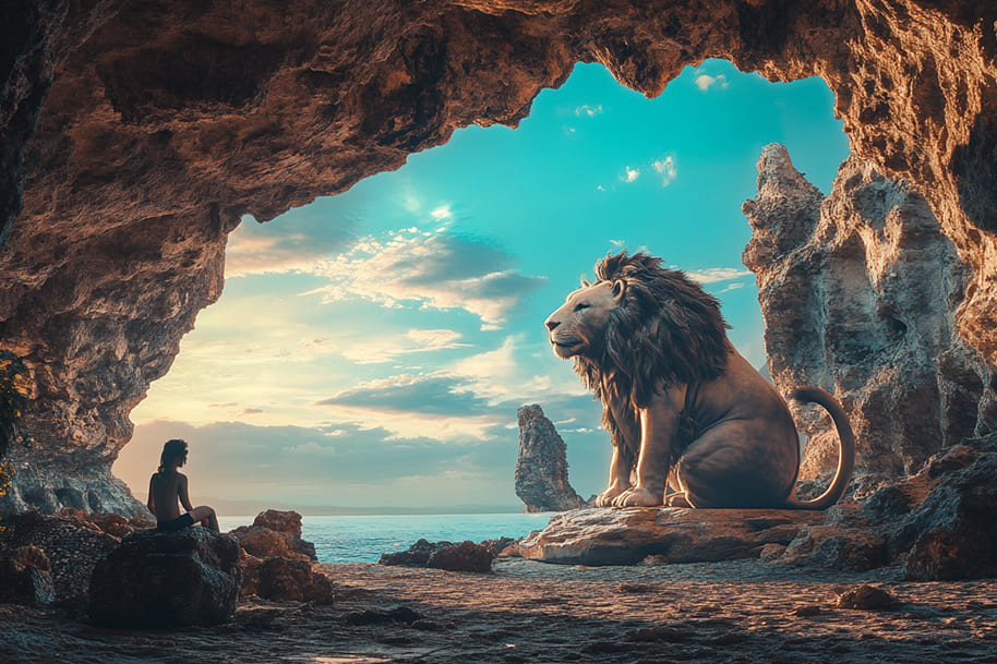 A surreal fantasy scene of a giant lion and a lone traveler inside a rocky cave, overlooking the ocean under a golden sunset. The majestic lion symbolizes strength and wisdom, creating a mythical atmosphere.
