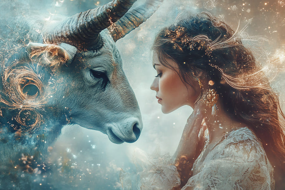 Fantasy depiction of a woman and a ram, symbolizing the bold and adventurous energy of Aries season, perfect for exploring astrological themes and traits at Eternal Slots.