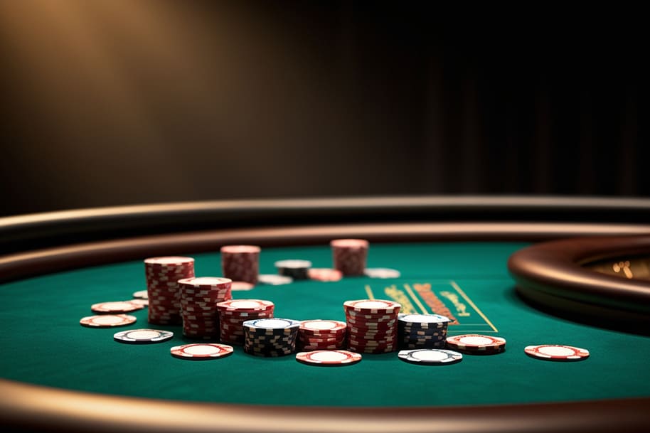Stack of poker chips on a green casino table, symbolizing high-stakes gambling and strategic play. The dramatic lighting enhances the intensity of the gaming experience.