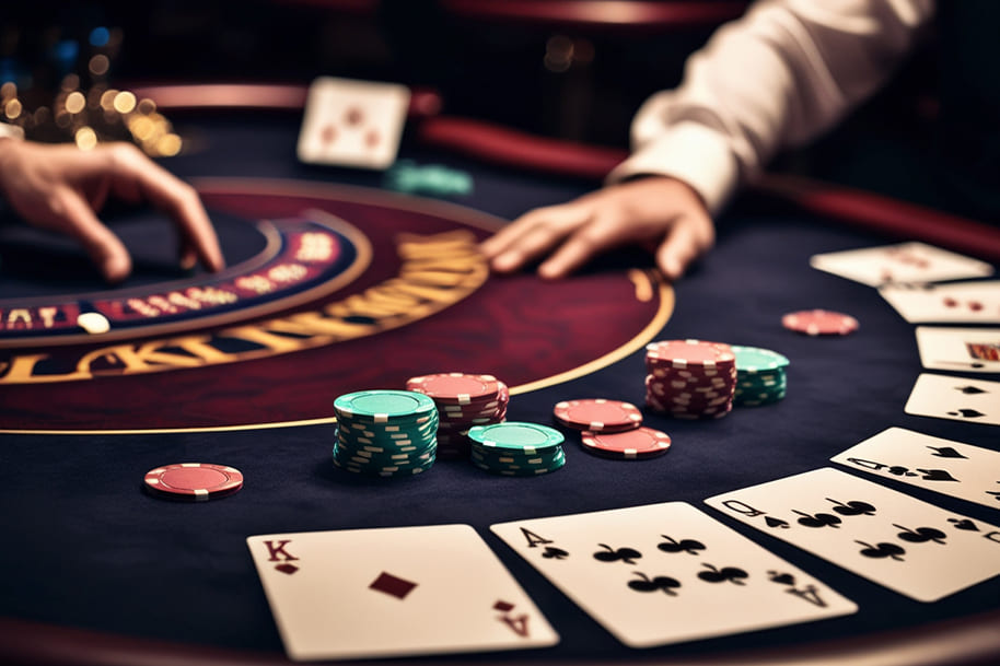 High-stakes poker game at a casino table, featuring poker chips, playing cards, and players making strategic decisions. The dramatic lighting and intense atmosphere capture the excitement of gambling and bluffing.