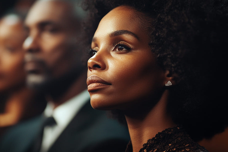Portrait of a woman with an afro, gazing thoughtfully ahead while seated among others. The image conveys deep reflection and pride, making it a powerful visual for celebrating Black History Month and honoring the rich heritage and contributions of Black individuals.