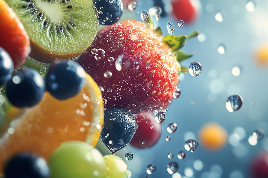 Close-up of fresh citrus fruits like oranges, kiwis, and strawberries, with droplets of water, symbolizing a healthy and refreshing boost to the immune system.