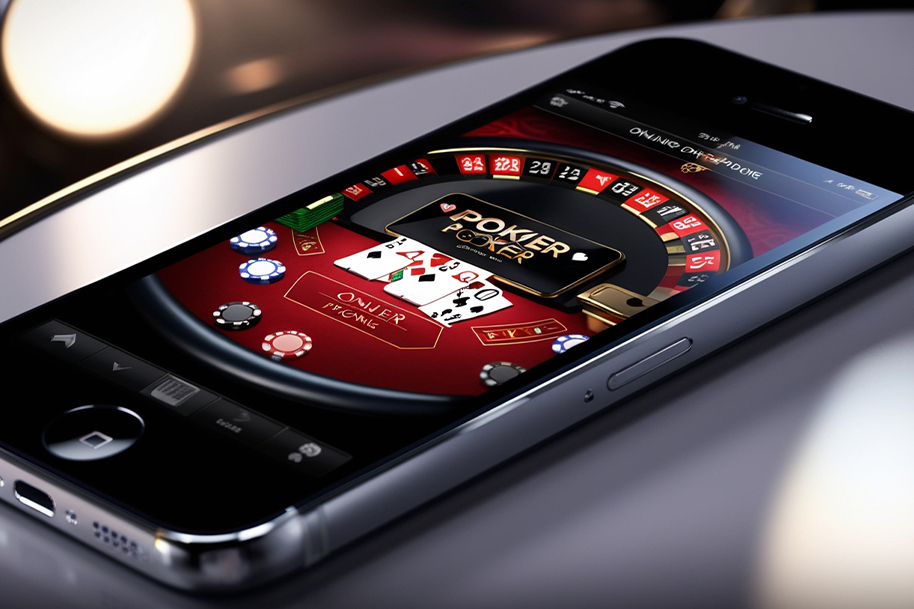 Close-up of a mobile phone showing an online poker game with chips and cards on the screen, offering an immersive and exciting poker experience at Eternal Slots Casino. Perfect for players who love gaming on the go.
