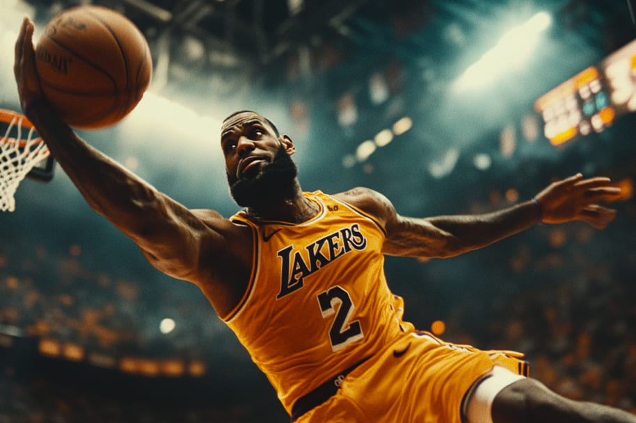 LeBron James executing an impressive one-handed dunk in a Los Angeles Lakers uniform, showcasing his legendary skills and dominating presence on the court during an NBA game.