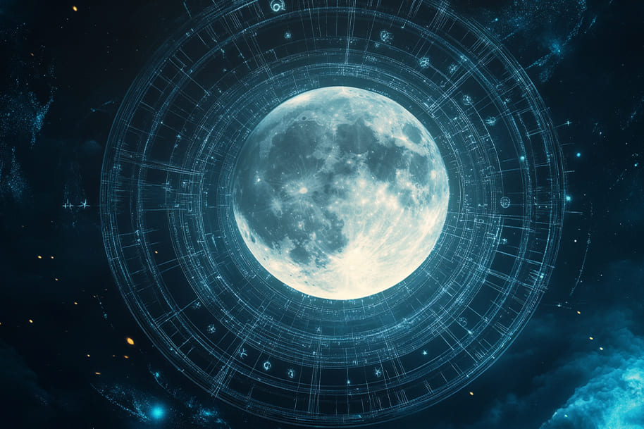 Full moon surrounded by cosmic symbols and intricate celestial patterns, representing the astrological energy of the Full Moon in March 2025 and its influence on spiritual growth.