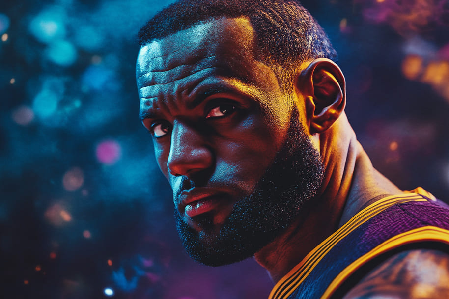 LeBron James with a powerful expression, illuminated by vibrant lights, highlighting his athleticism and fierce competitive spirit. This image captures the essence of NBA stardom, perfect for coverage on NBA All-Star Weekend and basketball culture.