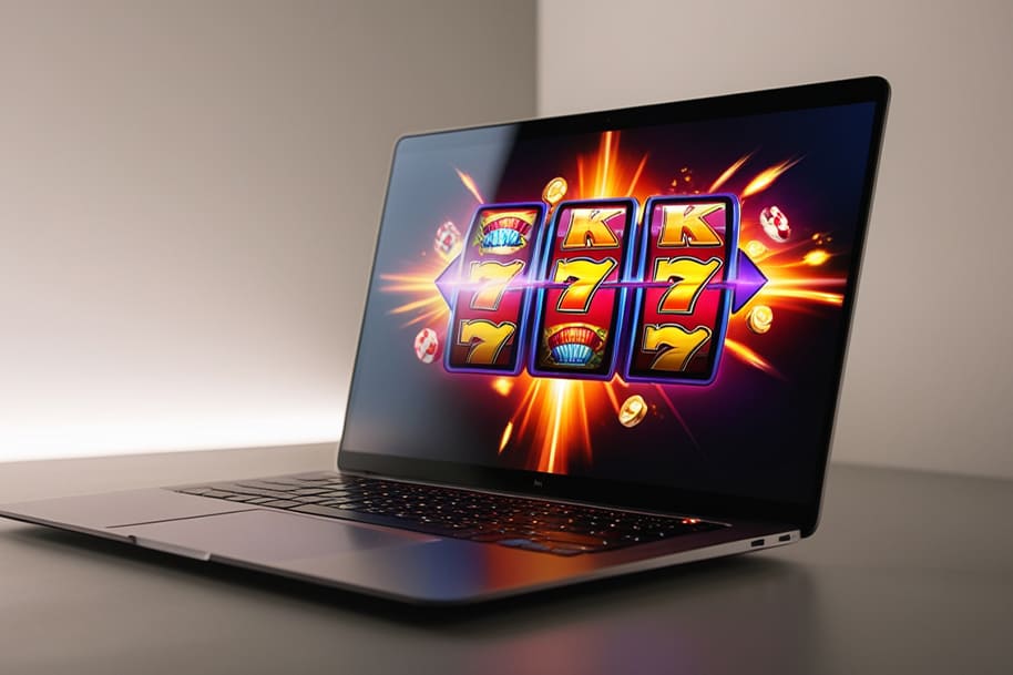 Laptop screen displaying a winning spin on an online slot game, highlighting the thrill of digital gambling in 2025. With crypto casinos like Eternal Slots, players can enjoy real-money slots, Bitcoin betting, and exciting jackpot wins from anywhere.