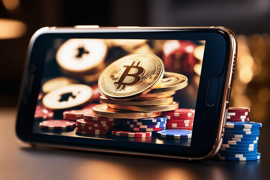 Smartphone displaying Bitcoin coins and casino chips, symbolizing the rise of mobile crypto gambling in 2025. With Bitcoin betting becoming more popular, online casinos like Eternal Slots provide secure and exciting ways to wager using cryptocurrency.