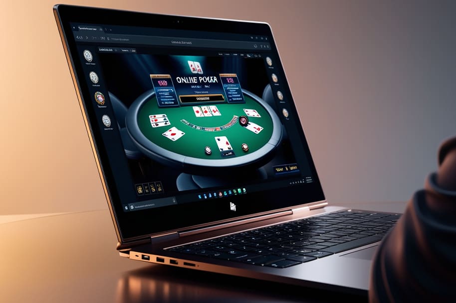 Online poker table displayed on a laptop screen, featuring cards and chips for an immersive digital casino experience. Play poker at Eternal Slots and enjoy real-time action, bonuses, and high-stakes gaming from anywhere.