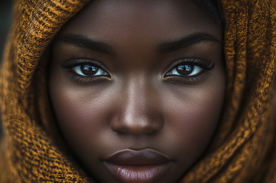 Close-up portrait of a woman with a striking gaze, framed by a textured yellow scarf. Her natural beauty and confident expression reflect strength and depth, highlighting her captivating eyes and flawless skin.