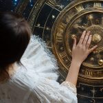 Astrology-themed image featuring a woman in a white dress touching a golden zodiac wheel, symbolizing celestial predictions for February 2025 horoscope insights.