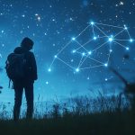 Silhouette of a person under a starry sky with a glowing constellation, symbolizing celestial guidance and February 2025 horoscope insights for Eternal Slots.