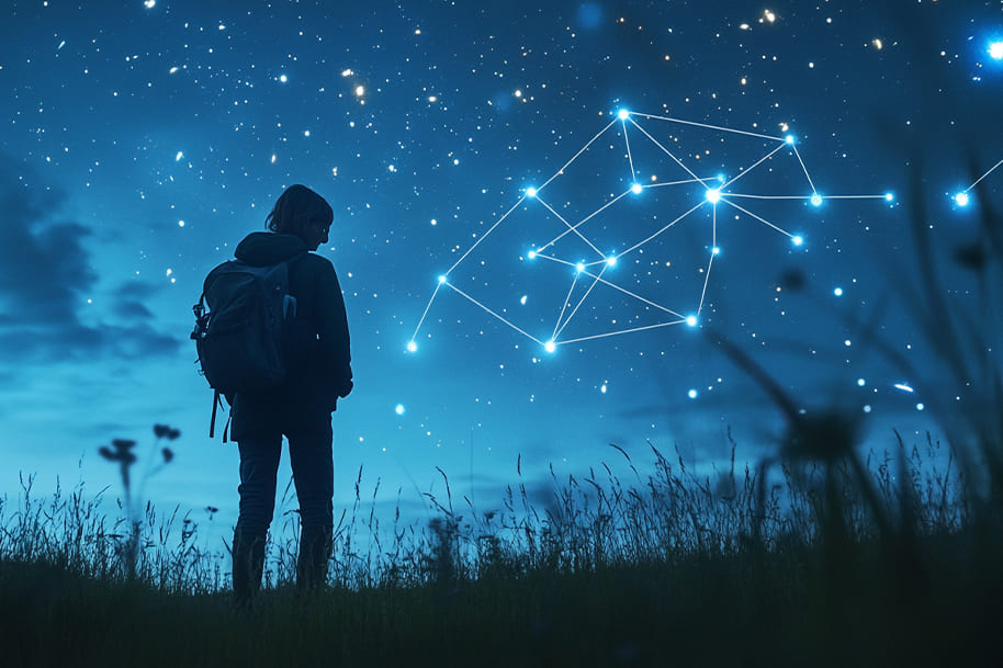 Silhouette of a person under a starry sky with a glowing constellation, symbolizing celestial guidance and February 2025 horoscope insights for Eternal Slots.