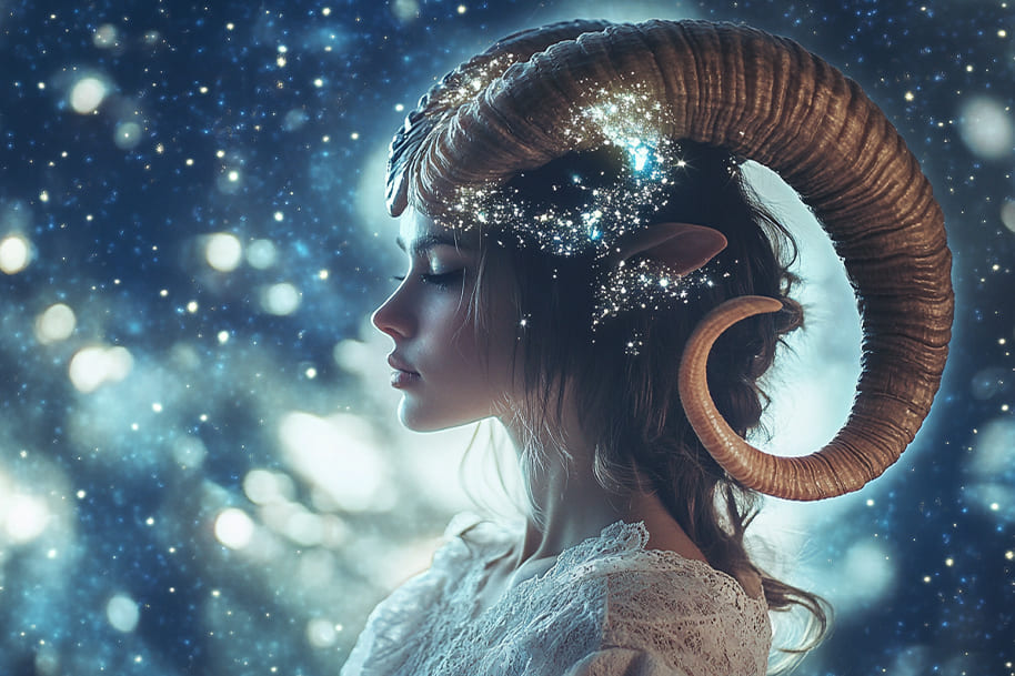 Fantasy-inspired image of a woman with ram horns surrounded by glowing stars, representing Aries energy and cosmic insights for February 2025 on Eternal Slots.