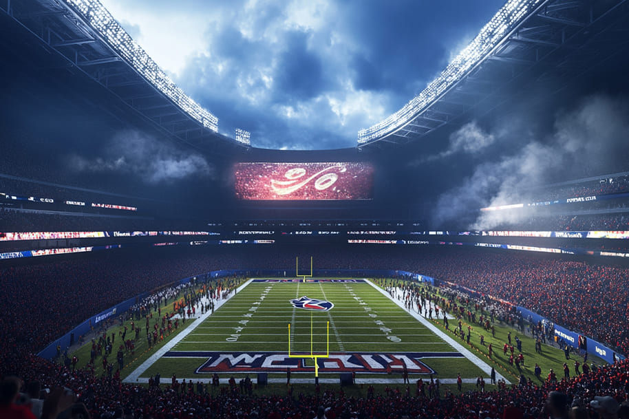 Wide shot of a Super Bowl LIX stadium with an expansive view of the football field, fans in the stands, and a large screen showing the event's highlights. The atmospheric clouds and smoke add to the dramatic effect, capturing the grandeur of the moment.