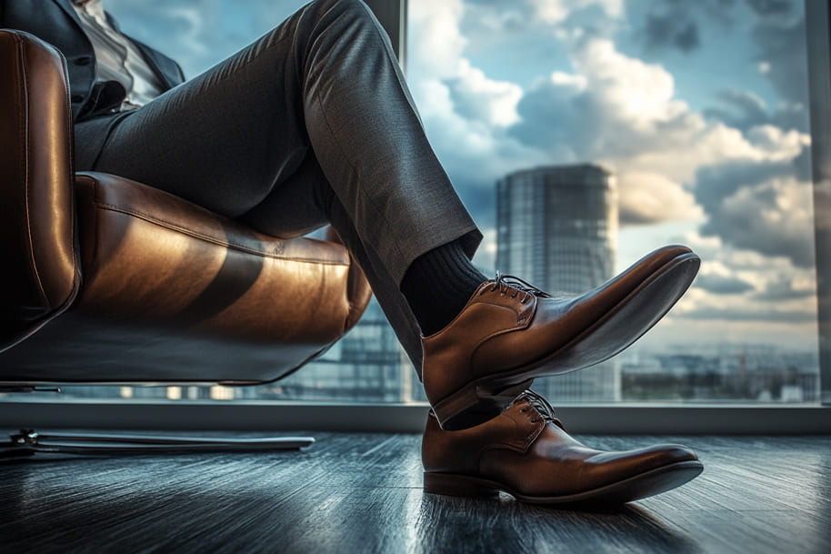 Close-up of a well-dressed individual’s legs crossed in a luxurious office chair, showcasing polished leather shoes. The scene, with a city skyline in the background, symbolizes success and confidence, making it ideal for content about personal growth in February and setting a positive tone for the month.
