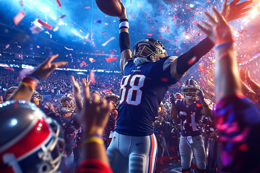 Football player celebrating with a touchdown catch surrounded by teammates and fans, with confetti falling in a dramatic Super Bowl LIX moment. This electrifying scene perfectly captures the intensity and excitement of Super Bowl LIX, including the highly anticipated halftime show.