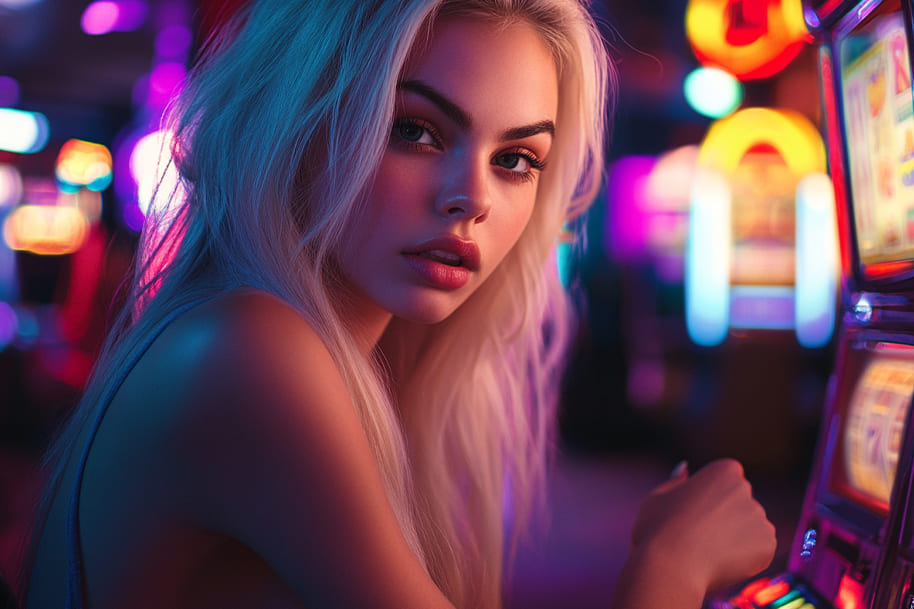 Blonde woman with striking features sitting at a slot machine in a neon-lit casino, exuding confidence and allure. A glamorous depiction of high-stakes gambling, luxury casinos, and the excitement of winning big on the slots.