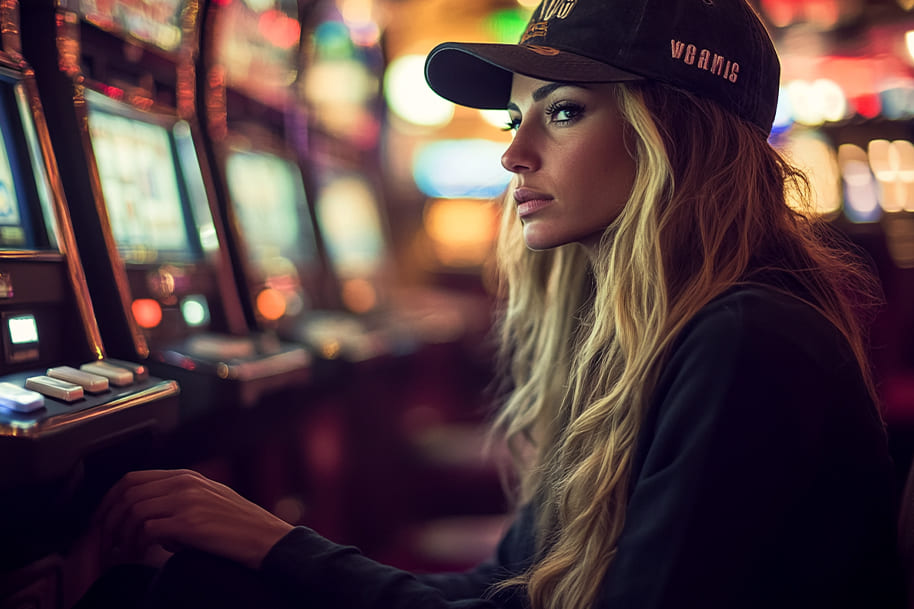 Stylish woman with long blonde hair wearing a cap, focused while playing a slot machine in a dimly lit casino. A representation of high-stakes gambling, slot gaming excitement, and the allure of the casino lifestyle.