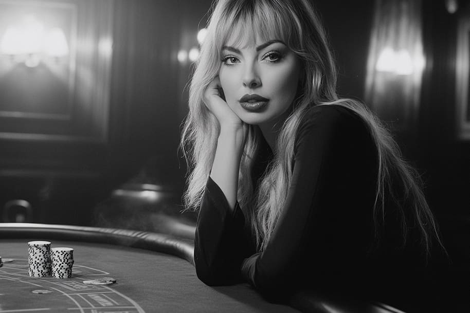 Black and white portrait of a glamorous blonde woman at a poker table, exuding confidence and elegance in a vintage casino setting. A timeless representation of high-stakes gambling, luxury casino culture, and the allure of elite poker players.
