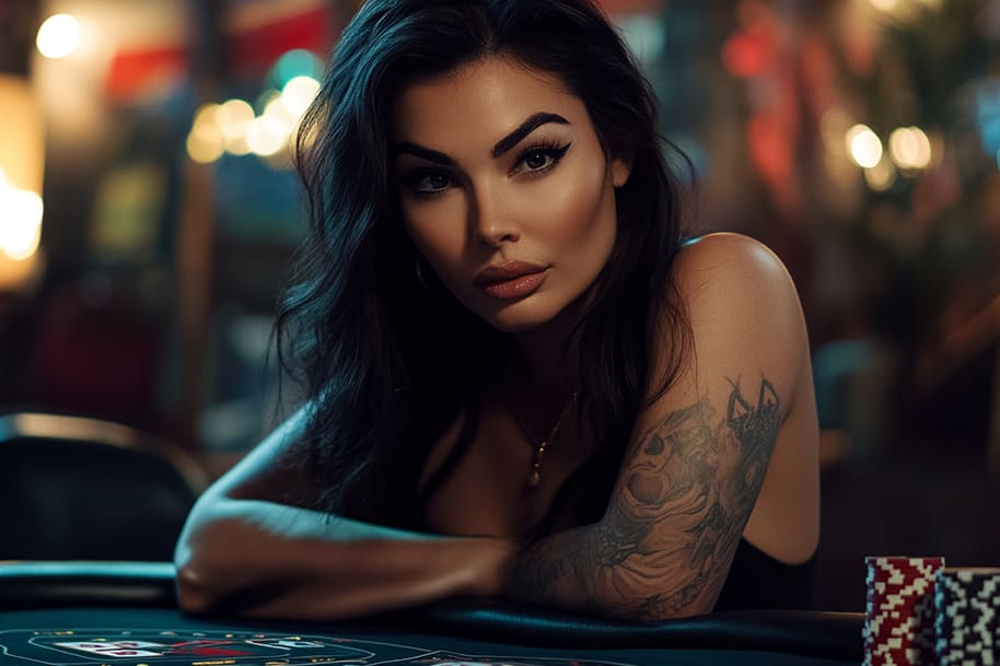 Glamorous woman with dark hair, bold makeup, and a tattooed arm leaning on a casino table, exuding confidence in a high-stakes gambling environment. A perfect representation of the allure of poker, high-rollers, and the thrilling world of casino gaming.