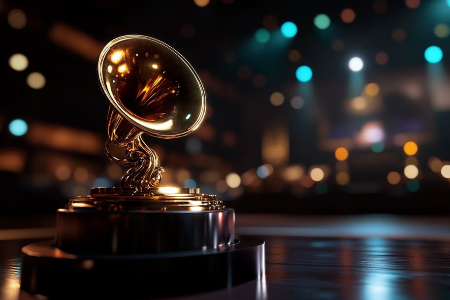 Golden Grammy Award trophy shining under spotlight with a blurred stage background, symbolizing musical excellence and recognition. Ideal for content about the Grammy Awards 2025, unforgettable winners, and top music highlights of the year